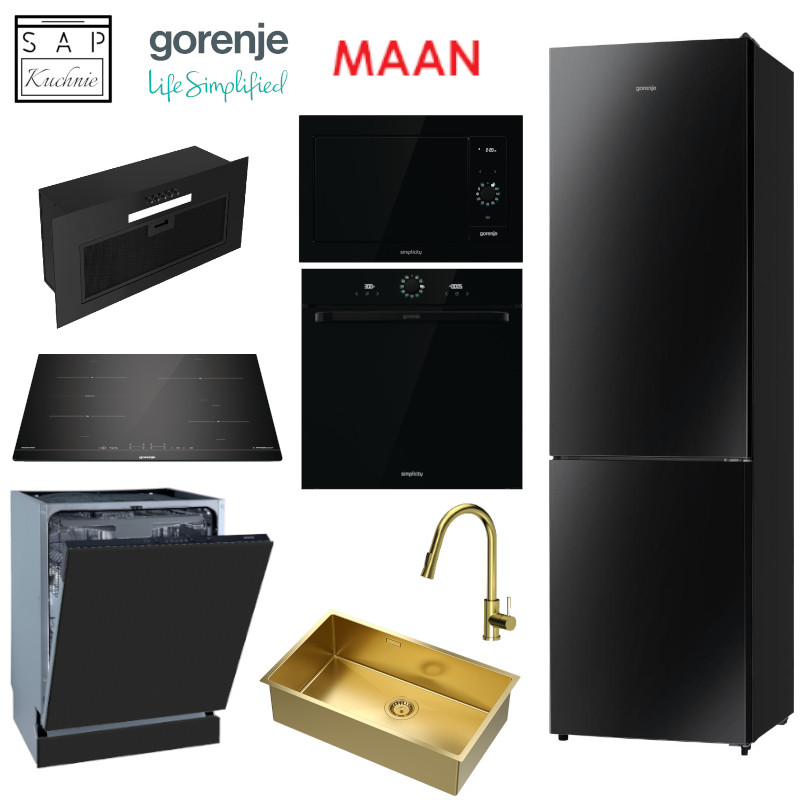 Czarny zestaw Gorenje ze złotym zlewozmywakiem